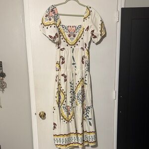 Bohemian White Midi Dress with Multicolor Patterns